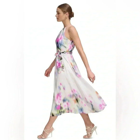 DKNY Printed Halter Tie-Waist Midi Dress Size 10 - Picture 3 of 8